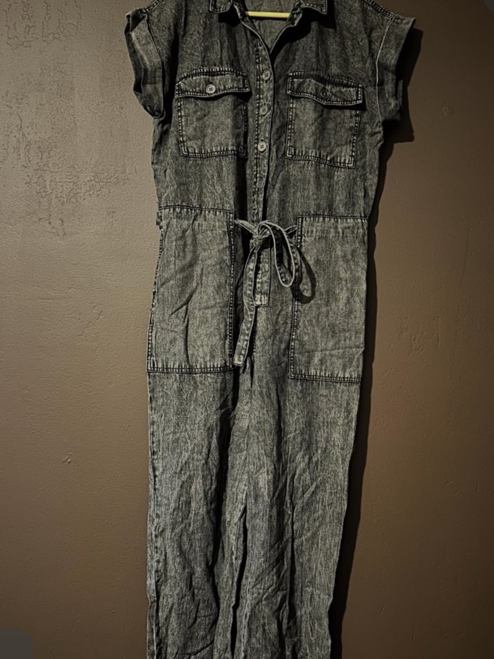 Sleeveless Washed Denim Jumpsuit with Tie Waist - Gray/Black